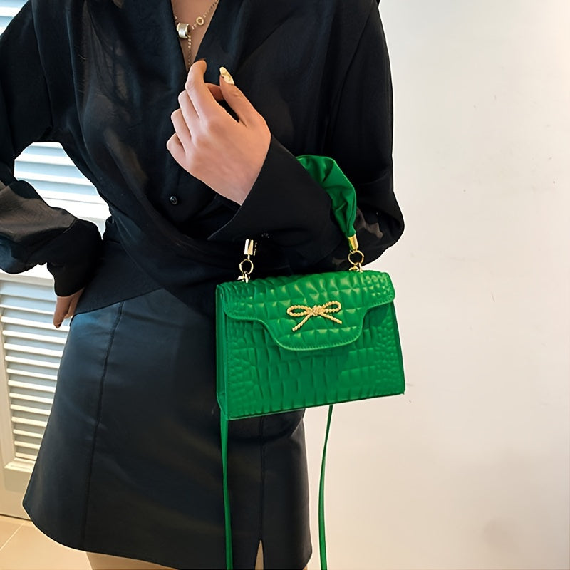 Vibrant Retro Crocodile Pattern Chic Shoulder Bag - Compact, Versatile, Fashionable, Everyday Wear with Bowknot Detail, Casual Street Style, and Chic Design - Perfect for Women's Daily Use